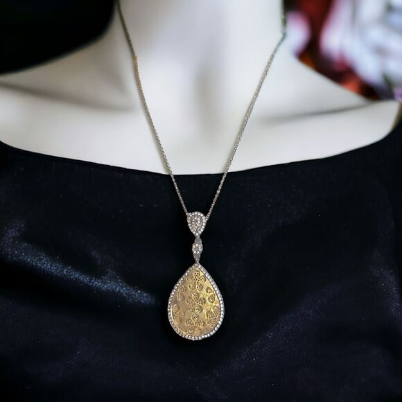 Teardrop Gold Tone Pendant Rhinestone Statement Chain Necklace 18" - Picture 1 of 4